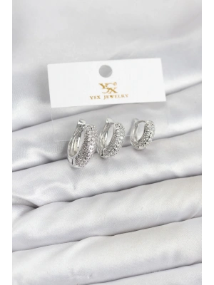 MuI MuI Pirinç Gümüş Renk Zirkon Taşlı Halka Model YSX Trio Küpe Seti