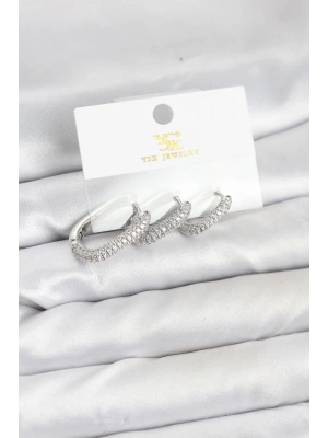 MuI MuI Pirinç Gümüş Renk Zirkon Taşlı Halka Model YSX Trio Küpe Seti