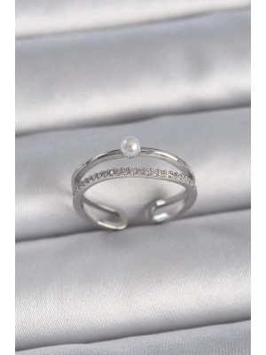 MuI MuI Pirinç Gümüş Renk Zirkon Taşlı İnci Detay Ayarlanabilir Model Kadın Yüzük