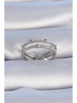 MuI MuI Pirinç Gümüş Renk Zirkon Taşlı İnci Detay Kadın Yüzük