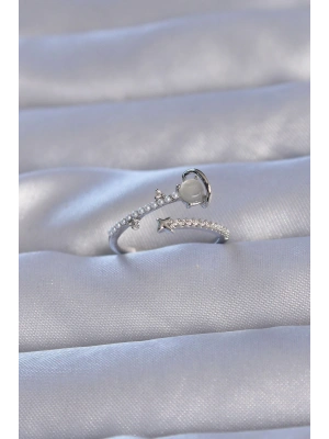 MuI MuI Pirinç Gümüş Renk Zirkon Taşlı İncili Satürn Model Ayarlanabilir Yüzük