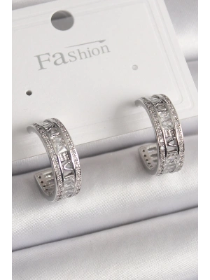 MuI MuI Pirinç Gümüş Renk Zirkon Taşlı İşleme Detay Halka Model Kadın Küpe