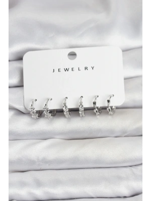 MuI MuI Pirinç Gümüş Renk Zirkon Taşlı Kadın Küpe Seti