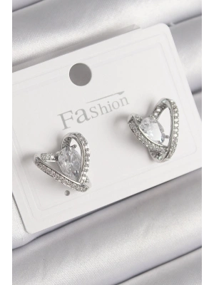 MuI MuI Pirinç Gümüş Renk Zirkon Taşlı Kalp Model Kadın Küpe