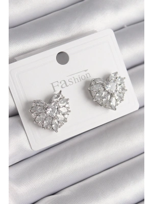 MuI MuI Pirinç Gümüş Renk Zirkon Taşlı Kalp Model Kadın Küpe