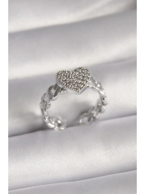 MuI MuI Pirinç Gümüş Renk Zirkon Taşlı Kalp Model Kadın Yüzük