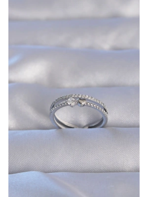 MuI MuI Pirinç Gümüş Renk Zirkon Taşlı Kalpli Su Yolu Model Ayarlanabilir Yüzük