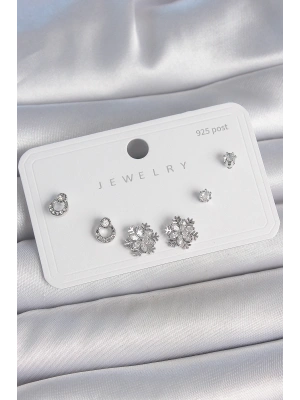 MuI MuI Pirinç Gümüş Renk Zirkon Taşlı Kar Tanesi Model 925 Ayar Gümüş Çivi Kadın Küpe Seti