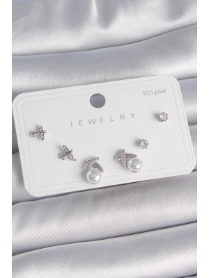 MuI MuI Pirinç Gümüş Renk Zirkon Taşlı Kelebek Model İnci Detay 925 Ayar Gümüş Çivi Kadın Küpe Seti