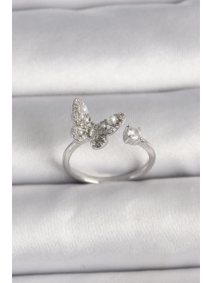 MuI MuI Pirinç Gümüş Renk Zirkon Taşlı Kelebek Model İnci Detay Ayarlanabilir Yüzük