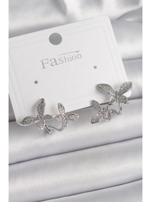 MuI MuI Pirinç Gümüş Renk Zirkon Taşlı Kelebek Model Kadın Küpe