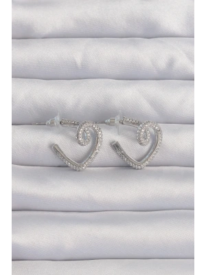 MuI MuI Pirinç Gümüş Renk Zirkon Taşlı Kıvrımlı Yarım Kalp Küpe