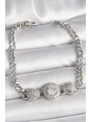 MuI MuI Pirinç Gümüş Renk Zirkon Taşlı Leopar Figür Zincir Model Kadın Bileklik