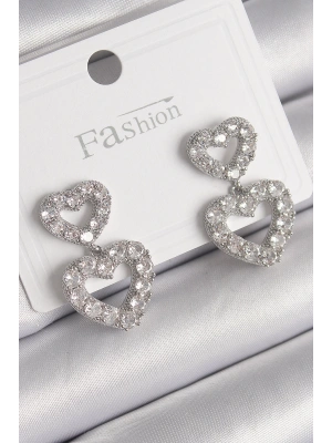 MuI MuI Pirinç Gümüş Renk Zirkon Taşlı Sallantı Kalp Model Kadın Küpe