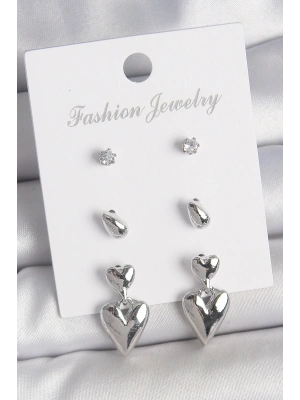 MuI MuI Pirinç Gümüş Renk Zirkon Taşlı Sallantılı Kalp Model 3 Çift Kadın Küpe Seti