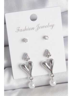 MuI MuI Pirinç Gümüş Renk Zirkon Taşlı Sallantılı Kalp Model 3 Çift Kadın Küpe Seti