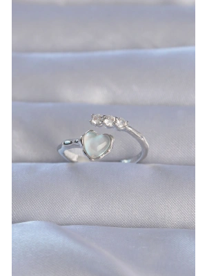 MuI MuI Pirinç Gümüş Renk Zirkon Taşlı Sedefli Kalp Model Ayarlanabilir Yüzük