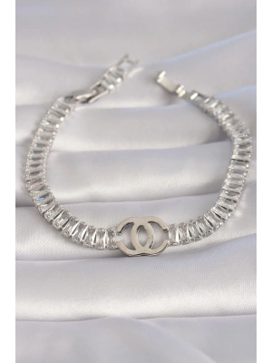 MuI MuI Pirinç Gümüş Renk Zirkon Taşlı Su Yolu Model VIP Seri Kadın Bileklik