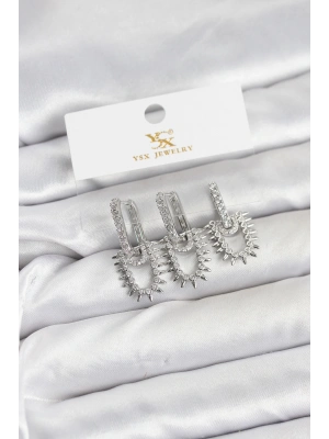 MuI MuI Pirinç Gümüş Renk Zirkon Taşlı Vintage Model YSX Trio Küpe Seti