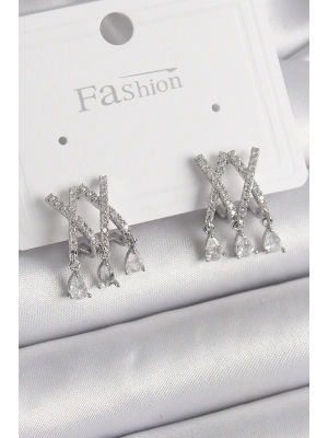 MuI MuI Pirinç Gümüş Renk Zirkon Taşlı X Model Sallantı Detay Kadın Küpe