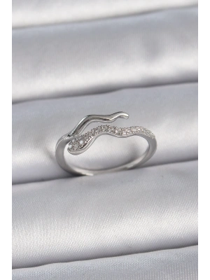 MuI MuI Pirinç Gümüş Renk Zirkon Taşlı Yılan Ayarlanabilir Model Kadın Yüzük