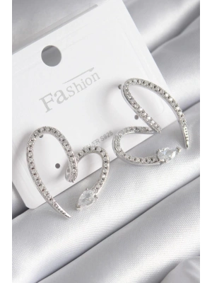 MuI MuI Pirinç Gümüş Renk Zirkon Taşlı Yılan Kalp Model Kadın Küpe