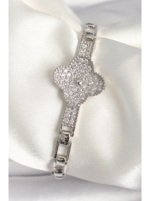 MuI MuI Pirinç Gümüş Renk Zirkon Taşlı Yonca Model Kadın Bileklik