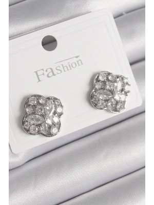 MuI MuI Pirinç Gümüş Renk Zirkon Taşlı Yonca Model Kadın Küpe