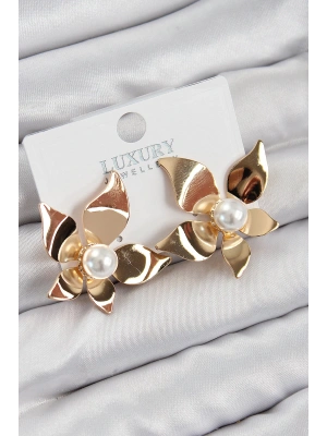 MuI MuI Pirinç İnci Detaylı Çiçek Model Gold Renk Kadın Küpe