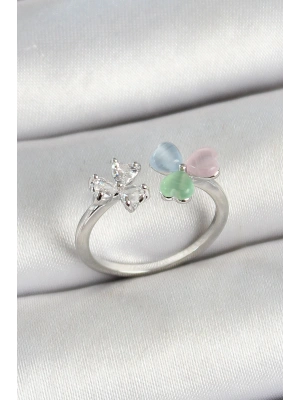 MuI MuI Pirinç Kalp Figürlü Zirkon Taşlı Gümüş Renk Ayarlanabilir Kadın Yüzük