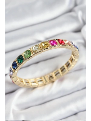 MuI MuI Pirinç Karışık Zirkon Taşlı Kare Model Gold Renk Lastikli Kadın Bileklik