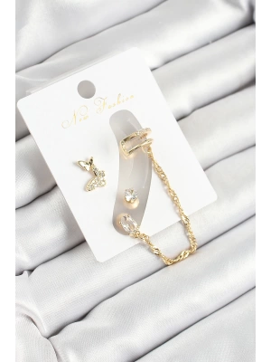 MuI MuI Pirinç Kelebek Figürlü Zirkon Taşlı Gold Renk 3lü Kıkırdak Kadın Küpe Set
