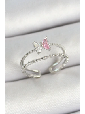 MuI MuI Pirinç Kelebek Figürlü Zirkon Taşlı Gümüş Renk Ayarlanabilir Kadın Yüzük