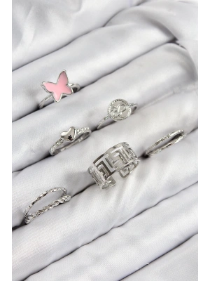 MuI MuI Pirinç Kelebek Ve Kalp Model Gümüş Renk Kadın Yüzük Kombin Set