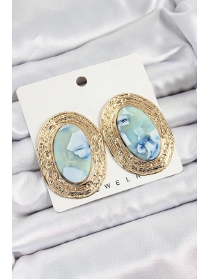 MuI MuI Pirinç Mermer Desenlli Mavi Sedef Oval Vintage Model Gold Renk Kadın Küpe