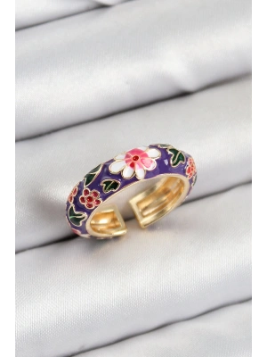 MuI MuI Pirinç Mor Mineli Çiçek Motifli Gold Renk Ayarlanabilir Kadın Yüzük