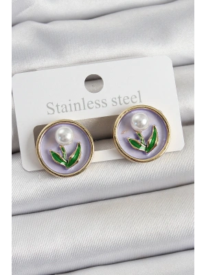 MuI MuI Pirinç Mor Mineli Lale Figürlü Sanatsal Portre Model Gold Renk Kadın Küpe