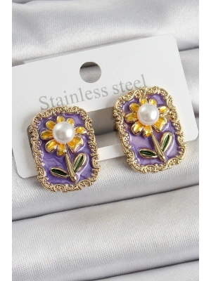 MuI MuI Pirinç Mor Mineli Papatya Figürlü Sanatsal Portre Model Gold Renk Kadın Küpe