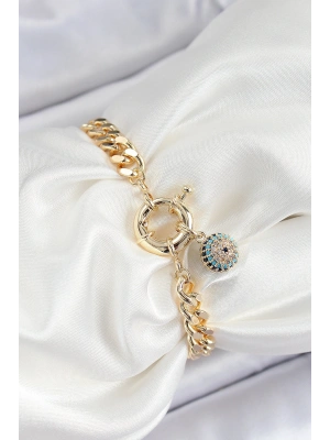 MuI MuI Pirinç Nazar Model Zirkon Taşlı Gold Renk VİP Seri Kadın Bileklik