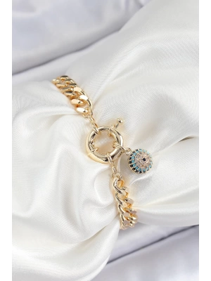 MuI MuI Pirinç Nazar Model Zirkon Taşlı Gold Renk VİP Seri Kadın Bileklik