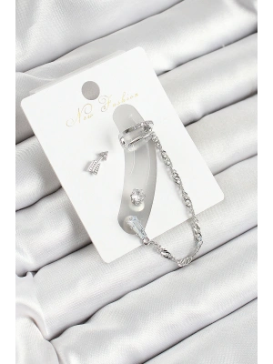MuI MuI Pirinç Ok Figürlü Zirkon Taşlı Gümüş Renk 3lü Kıkırdak Kadın Küpe Set