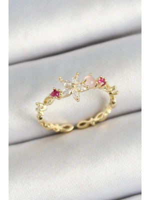 MuI MuI Pirinç Papatya Figürlü Zirkon Taşlı Gold Renk Ayarlanabilir Kadın Yüzük