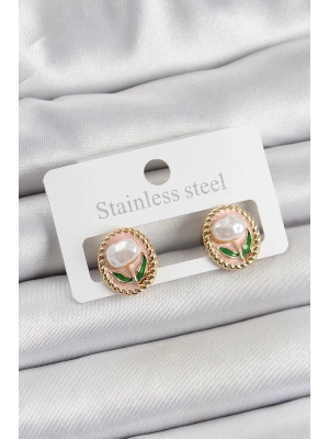 MuI MuI Pirinç Pembe Mineli Lale Figürlü Sanatsal Portre Model Gold Renk Kadın Küpe