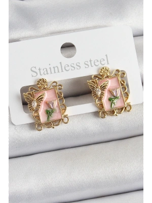 MuI MuI Pirinç Pembe Mineli Sanatsal Portre Model Gold Renk Kadın Küpe