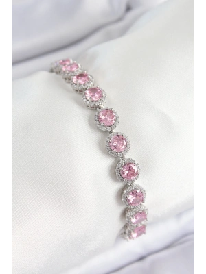 MuI MuI Pirinç Pembe Zirkon Taşlı Daire Baget Model Gümüş Renk VIP Seri Kadın Bileklik