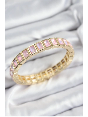MuI MuI Pirinç Pembe Zirkon Taşlı Dikdörtgen Model Gold Renk Lastikli Kadın Bileklik