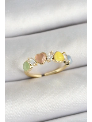 MuI MuI Pirinç Sıralı Kalp Figürlü Zirkon Taşlı Gold Renk Ayarlanabilir Kadın Yüzük