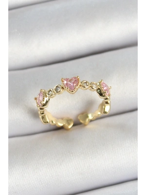 MuI MuI Pirinç Sıralı Kalp Figürlü Zirkon Taşlı Gold Renk Ayarlanabilir Kadın Yüzük