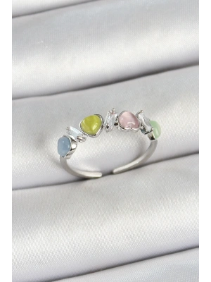 MuI MuI Pirinç Sıralı Kalp Figürlü Zirkon Taşlı Gümüş Renk Ayarlanabilir Kadın Yüzük