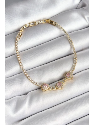 MuI MuI Pirinç Sıralı Pembe Kalp Figürlü Zirkon Taşlı Gold Renk Kadın Bileklik